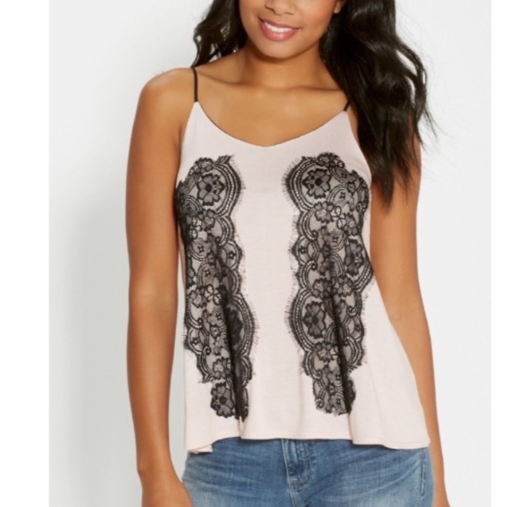 Maurices Light Pink and Black Lace Spaghetti Straps Lined Camisole Tank Top
